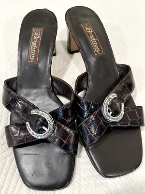 Brighton Tamyra Mule Brown Croc Leather Sandals Size 8M Silver Horseshoe Buckle