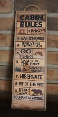 Rustic Cabin Rule Sign Bear Lodge Fishing Camping Man Cave Wood Plank Home Decor