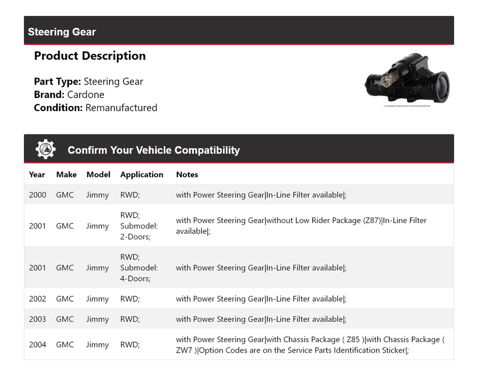 Para GMC Jimmy 2000-2004 tracción trasera engranaje de dirección Cardone 2001 2002 2003 Foto 2 de 4