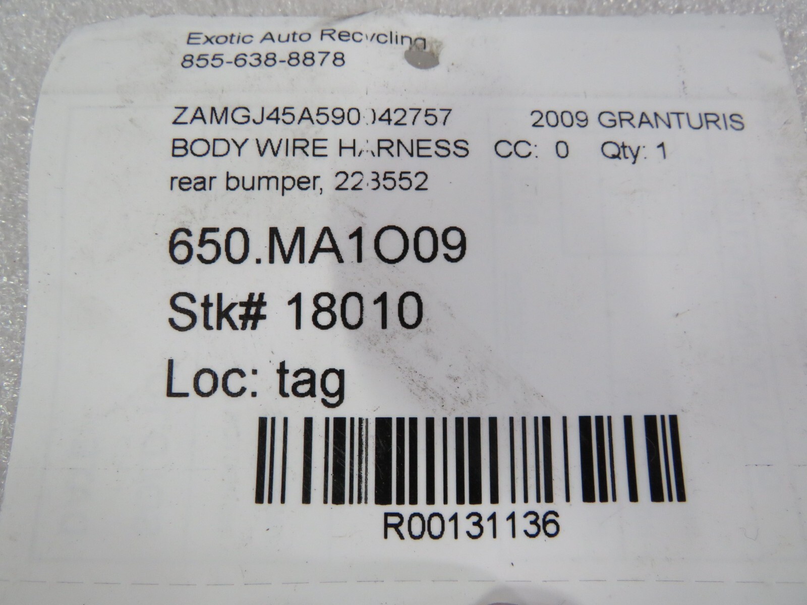 Maserati Granturismo, Rear Bumper Sensor Wire Harness, Used, P/N 228552