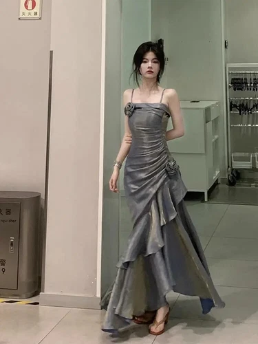 New Vintage Velvet Long Dress Women's Italian Noodle Strap Flower Dress - Picture 7 of 19