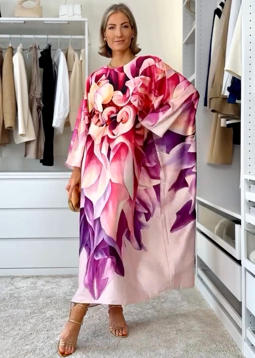 H&M PINK LILAC FLORAL DAHLIA SATIN KAFTAN DRESS SIZE XS 10 12 14