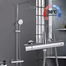 Thermostatic Chrome 8'' Rain Shower Faucet System Exposed Head Combo Set Mixer