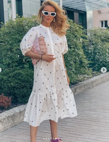 ZARA OYSTER WHITE PUFF SLEEVE MARIE FLORAL EMBROIDERED POPLIN RUFFLED MIDI DRESS - Picture 14 of 24
