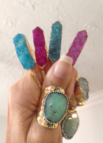 Blue Druzy Bangle Stacking Bracelet Gold Open Cuff Bezel Agate Periwinkle Drusy - Picture 6 of 11