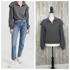 New Z Supply S Gray Nora Half Zip Ruffle Shoulder Pullover Top Sweatshirt NWT