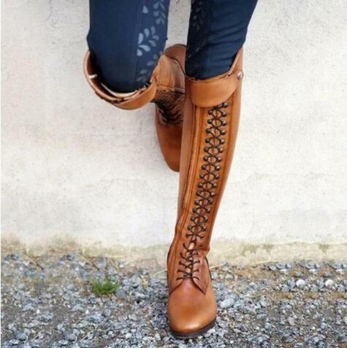 Women's Boots Knee High Lace Up Stacked Heels Tall Riding Chivalry Boots Fashion - Picture 2 of 11
