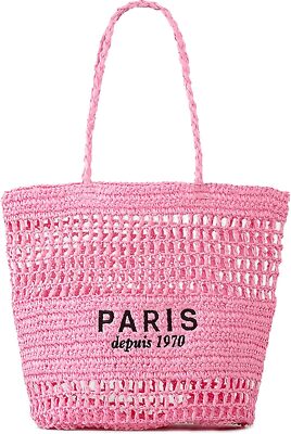 QZUnique Straw Beach Tote Bag for Women Summer Woven Shoulder Purse Pink 
