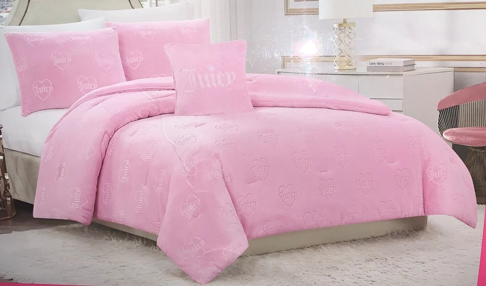Juicy Couture Pink Logos & Hearts Embossed Plush Soft 4piece QUEEN Comforter Set - Image 3 of 4
