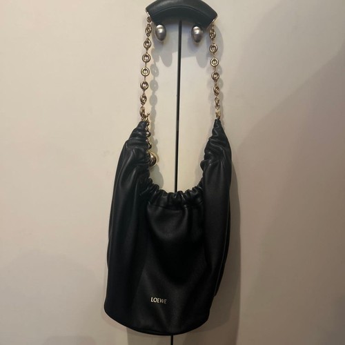 LOEWE Nappa Leather Chain Shoulder Bag Black Squeeze