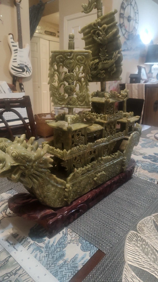 Palacio Regius chino piedra verde jade exquisito velero tallado barco dragón Foto 4 de 4