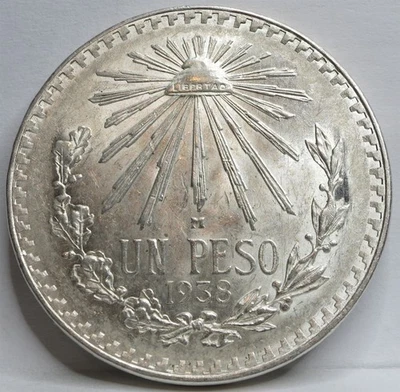 MEXICO Republic 1 Peso 1938 AU UNC Eagle Snake Silver luster Liberty Cactus #P43 - Image 1 of 4