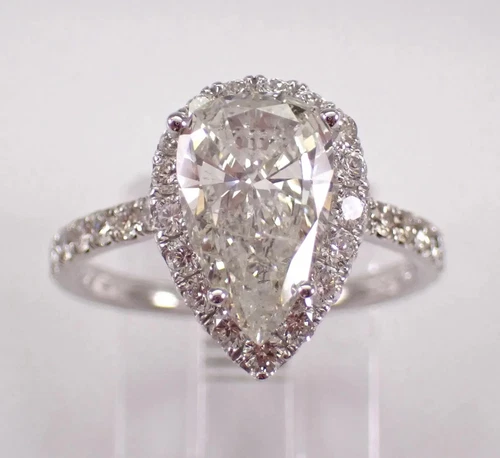 2.40Ct Pear Cut Real Moissanite Halo Engagement Ring 14KWhite Gold Plated Silver