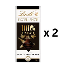 Lindt EXCELLENCE 100 Cacao Pure Dark Chocolate Bar 100 g - Pack of 2
