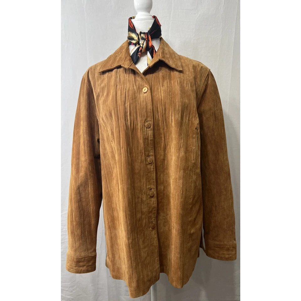 Coldwater Creek Camisa de Cuero Chaqueta Chaqueta Tostada Arrugada Gamuza Abotonada Talla 1X Foto 3 de 4
