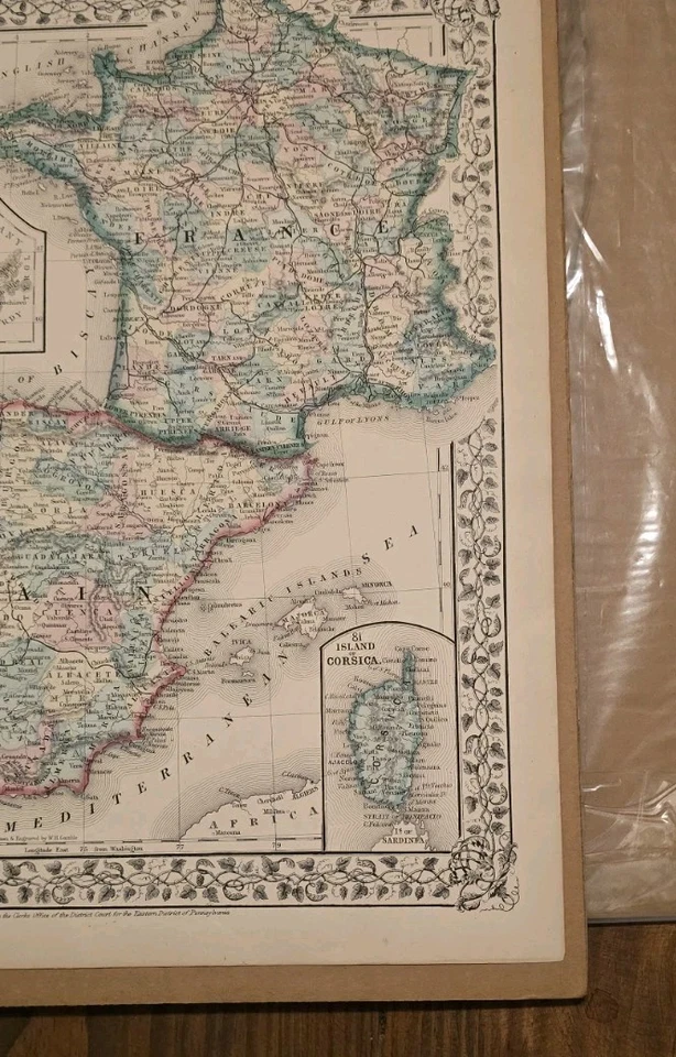 Mapa de Francia, España y Portugal 1867 con mapas de Suiza y Córcega Antiguo Foto 4 de 4