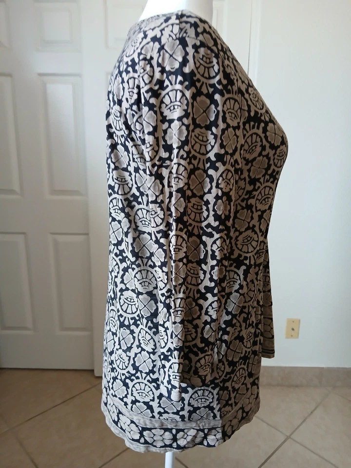 Blusa Boho Lucky Brand Caisley Peasant Top 1X/1G Para Mujer Estampado en Bloque Negra Tostada Foto 4 de 4