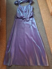 Taubenblaues glänzendes langes Abendkleid, zweiteilig