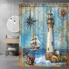 Vintage Nautical Shower Curtain Lighthouse, Sailboat Design, Coastal Ocean Tower