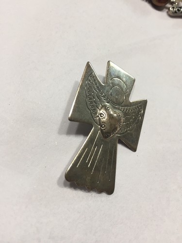 Vintage 90er Southwestern Sterlingsilber Anstecknadel Kreuz gestempelt Engel mit Herz 1 3/4" 5,7 g - Bild 2 von 7