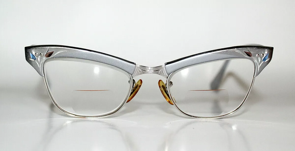 Vtg American Optical AO Silver Etched Aluminum Cat Eye Glasses Frames 1/10 12KGF