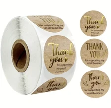 500 pc Sticker Seals Roll Kraft Gold Thank you for supporting Self Adhesive NEW