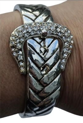 Adjustable Metal Buckle Bracelet Silver Tone Rhinestone Jewelry 6.5'' *Flaw Wear