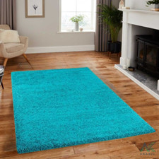 Image of Teal Blue Extra Thick Shaggy Rug Pile Heavy Modern soft Carpet Living Room Area