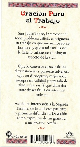 Oracion Para el Trabajo (San Judas Tadeo) - Spanish - Paperstock Holy Card SFSNL - Picture 3 of 3