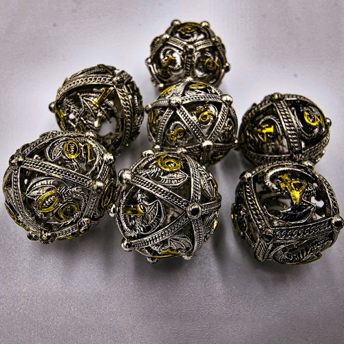 Silver Gold Hollow Metal Round Orb DnD Dice Set Polyhedral RPG Dungeons Dragons - Picture 2 of 9