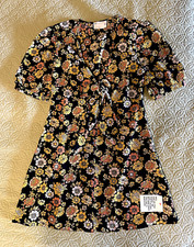 ASOS DESIGN Black Yellow Floral Puff Babydoll Dress US 6 NEW