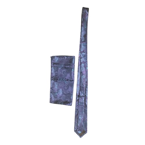 Men's Tie Handkerchief Set Handmade Necktie Hanky Paisley Blue Purple Green - Picture 4 of 7