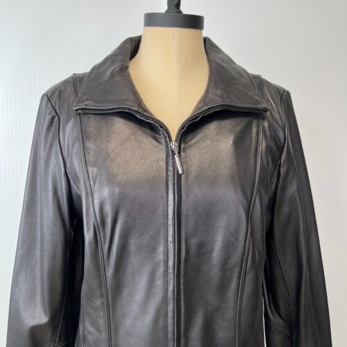 Anne Klein Coat Women Large Leather Soft Jacket Full Zip Pocket Party Core Go - Picture 2 of 20