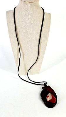 Ehnic Natural Wooden Jasper Gemstone Pendant Necklace Leather Strap 19 in. L