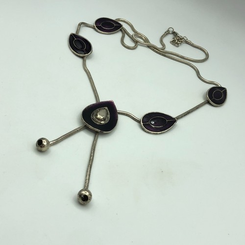 STATEMENT Silver Tone Bolo & Dark Purple Enamel Pendant Necklace Retro Christmas - Picture 10 of 17