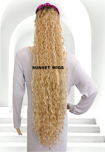 37" PONYTAIL HAIR PIECE EXTENSIONS DRAWSTRING LONG CURLY OMBRE BLONDE MIX - Picture 2 of 2
