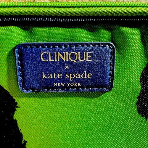 KATE SPADE CLINIQUE Makeup Bag Navy Green Floral Zip Up Travel Case W/FREE GIFT - Picture 2 of 8