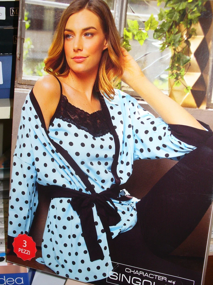 Pigiama donna vestaglia top pantalone CHARACTER Tg M giallo pois nero art.P1171 - Imagen 2 de 2