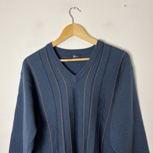 Men's Gabicci Blue Knitted Jumper Sweater V Neck Striped Italian Vtg Wool Size M - Picture 2 of 12