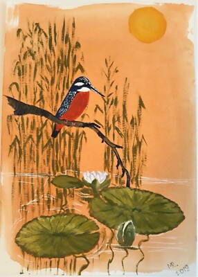 Kingfisher Bird Water lily Pond Painting Sunset Waterscape Art