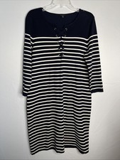 Talbots Women’s L 3/4 Sleeve Navy & Ivory Stripe Stretch Knit Pop over Dress EC