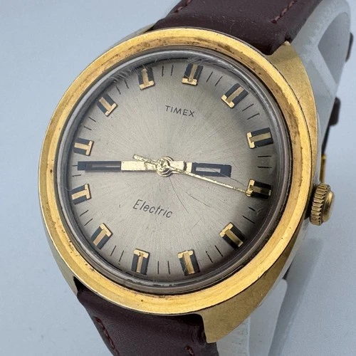Vintage Timex Electric Watch Men Gold Tone Leather Band Analog New Battery