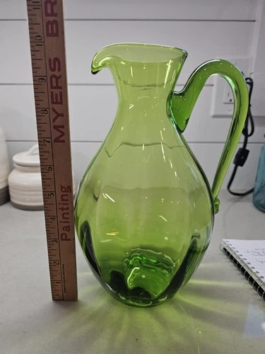 Vintage Olive Green Pitcher Possibly BLENKO 10" Tall Art Glass