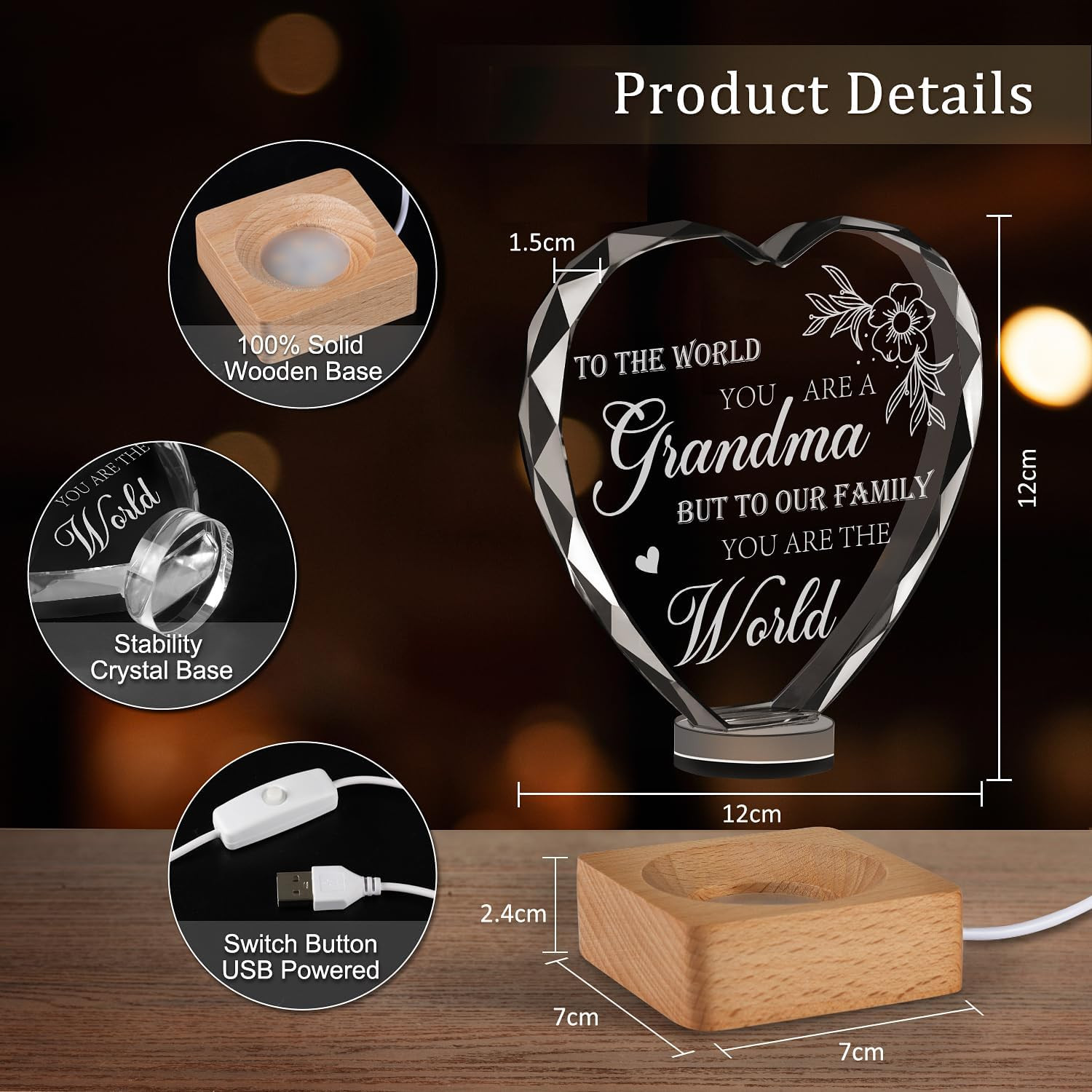 To My Grandma Gifts from Grandchildren, Engraved Crystal Night Light Present, Be