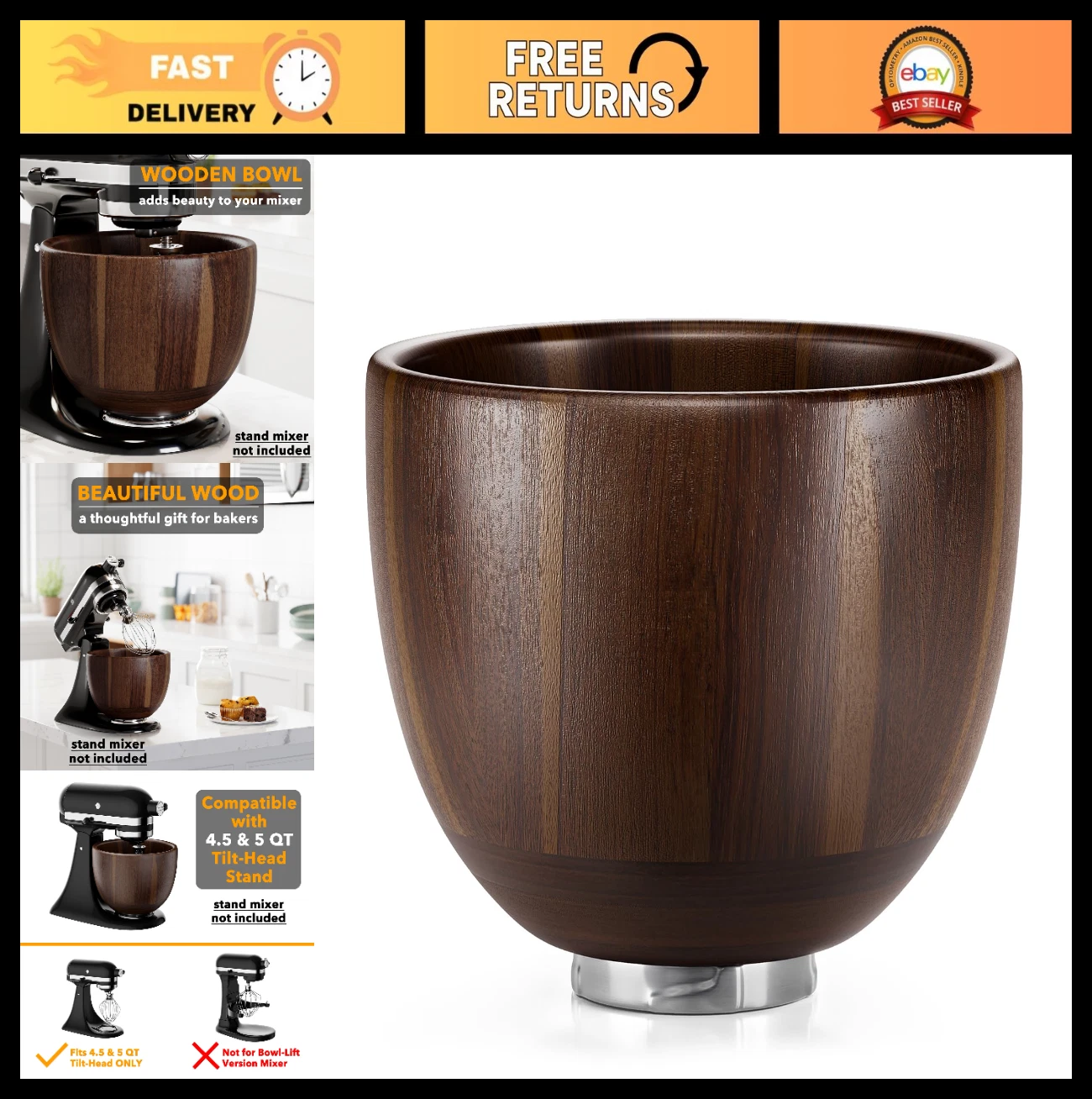 Acacia Wood Mixing Bowl Holder for Stand Mixer - Fits 4.5 & 5 QT Tilt-Head Model