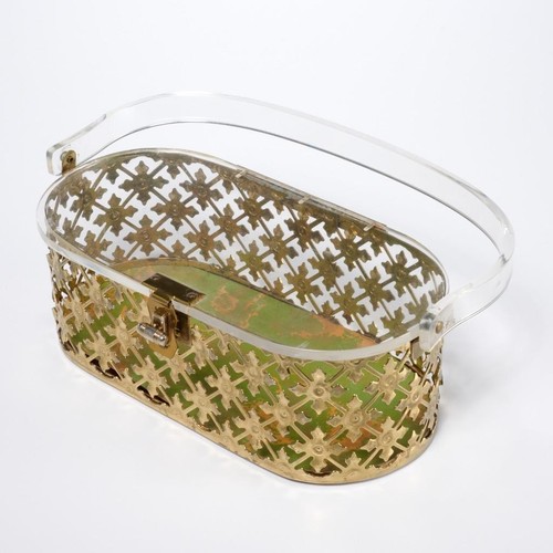 Vintage buttercremegelb durchbohrt Metall Lucite Top Griff Box Handtasche 2 Stck. Posten - Bild 6 von 9