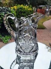 American Brilliant Cut Glass Pitcher Hobstars 8" Wide 5 lbs Heavy ABP Crystal