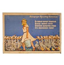 A Young Pioneer (Scout) with a bucket of bird feed - Soviet Original Poster 1961