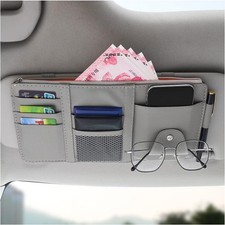 Car Sun Visor Organizer, Leather Personal Belonging Storage Pouch with Gray