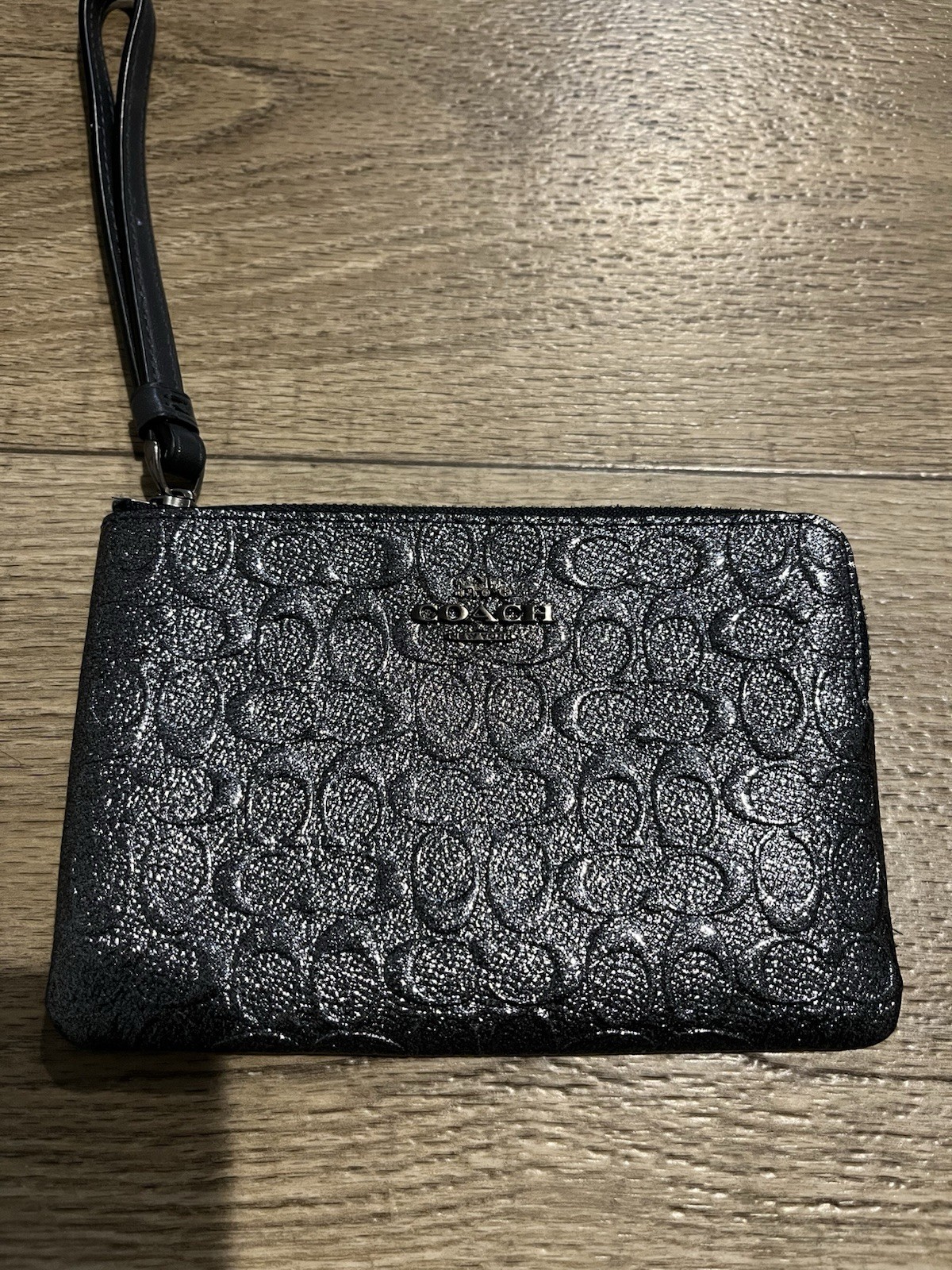 Coach Black Logo Wristlet Zip Closure Wrist Strap Silver Hardware Women